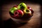 a bowl of apples on a table with a shadow of a person\\\'s face in the bowl behind it