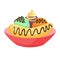 Bowl of assorted colorful ice cream scoops with chocolate syrup. Delicious summer dessert with multiple flavors vector