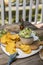 Bowl of avocado dip guacamole and corn chips