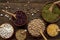 Bowl with beans and legumes on old wooden background