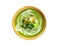Bowl of broccoli cream soup with croutons on white background,