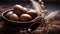 A bowl of brown eggs in a dark setting on top of some leaves, AI