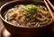 Bowl of buckwheat soba noodles with chopsticks on restaurant table.Macro.AI Generative