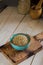 Bowl ceramic filled with buckwheat.