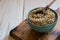 Bowl ceramic filled with buckwheat.