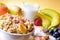 Bowl of cereal and fruits top and diagonal composition