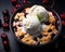 a bowl of cherry cobbler with ice cream and cherries on a black background