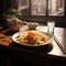 a bowl of chinese noodle on a restaurant table