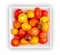 Bowl of colorful cherry tomatoes red, garnet and yellow, fresh and raw. Cut and whole. Cenital plane top view.