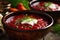 A bowl containing classic Ukrainian borscht is presented on the table, symbolizing the culinary richness of Ukraine. Generative AI