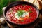 A bowl containing traditional Ukrainian borscht rests on the table, exemplifying Ukraine\\\'s national cuisine. Generative AI