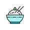 Bowl of cooked rice flat color line icon.