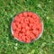 Bowl of coral color raspberries outdoor toned