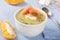Bowl of creamy leek soup with smoked salmon
