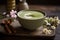 Bowl of creamy matcha green tea latte with frothy milk and a sprinkle of matcha powder