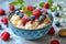 A bowl of creamy oatmeal adorned with fresh berries and a swirl of honey.