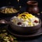 A bowl of creamy rice pudding with saffron