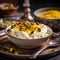 A bowl of creamy rice pudding with saffron