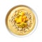 Bowl Creamy Yellow Base, Mango Chunks, Passion Fruit Seeds On White Plate On A White Background