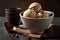 Bowl of delicious coffee ice cream on dark background