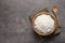 Bowl of delicious cooked rice served on table, flat lay