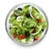Bowl with delicious fresh salad on white background