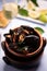 A bowl of delicious moules mariniere for lunch in a seafood rest