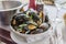A bowl of delicious moules mariniere (mussels)