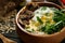 Bowl with delicious oatmeal, herbs and egg on wooden table, closeup