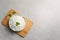 Bowl of delicious rice on table, top view