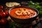 Bowl of delicious tomato soup with prawns on the table, close up. AI generated