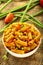 Bowl of delicious vegan  pasta - fast foods background.