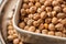 Bowl with dry chickpeas, closeup