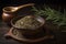 A bowl of fennel seeds sits on a wooden table. AI generation