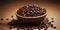 A bowl filled with coffee beans is atop a pile of singleorigin coffee beans