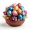 A bowl filled with colorful painted easter eggs, Easter decorations.