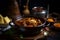 Bowl filled with hearty beef Hungarian goulash stew sits atop a rustic wooden table.