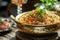 A bowl filled with rice and a variety of vegetables sits on a table, Halal food served in a traditional Arabian brass dish, AI