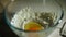 Bowl flour and chicken egg. Dough ingredients. Cooking ingredients