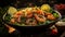 A bowl of food with basil and shrimp close-up. Generative AI.