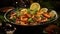 A bowl of food with basil and shrimp close-up. Generative AI.