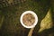 Bowl of food for chicken placed on the ground next to a lush green grassy area