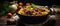 A bowl of food rests on a wooden table, showcasing a delicious recipe