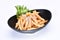 A bowl of french fries topping with parmesan cheese white background