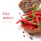Bowl with fresh chili pepper, close-up, isolated