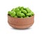 Bowl with fresh edamame soybeans on background