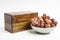 A Bowl Of Fresh Grapes With Japanese Wood Bento Box