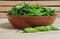 Bowl of Fresh Green Aji Limo Chili Peppers on Wooden Table