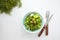 Bowl of fresh leafy green salad with olives, dill, onion and paprika