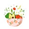 Bowl fresh vegetable salad with greens, vector illustration.